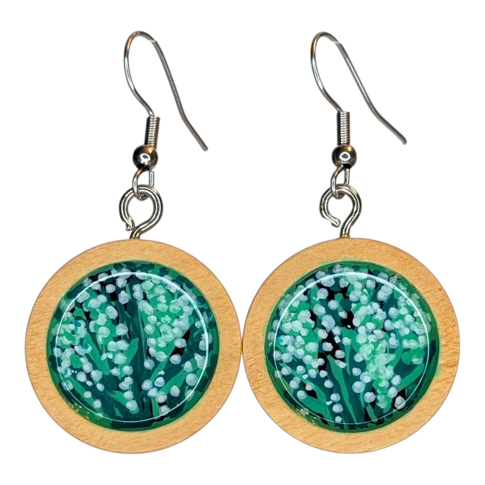 May Birth Month Floral Handmade Earrings, Lily of the Valley, Painted on Wood
